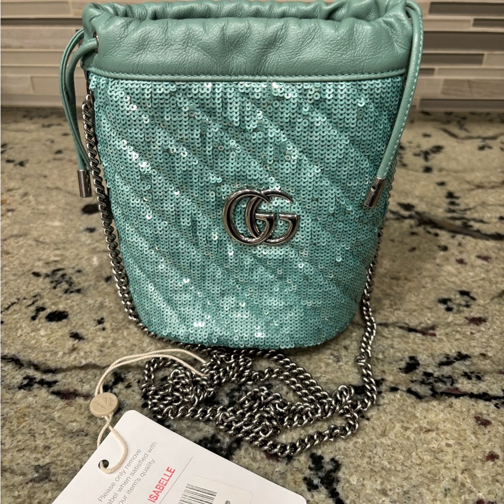 Gucci Marmont Bucket Crossbody Green Sequin Sparkly GG